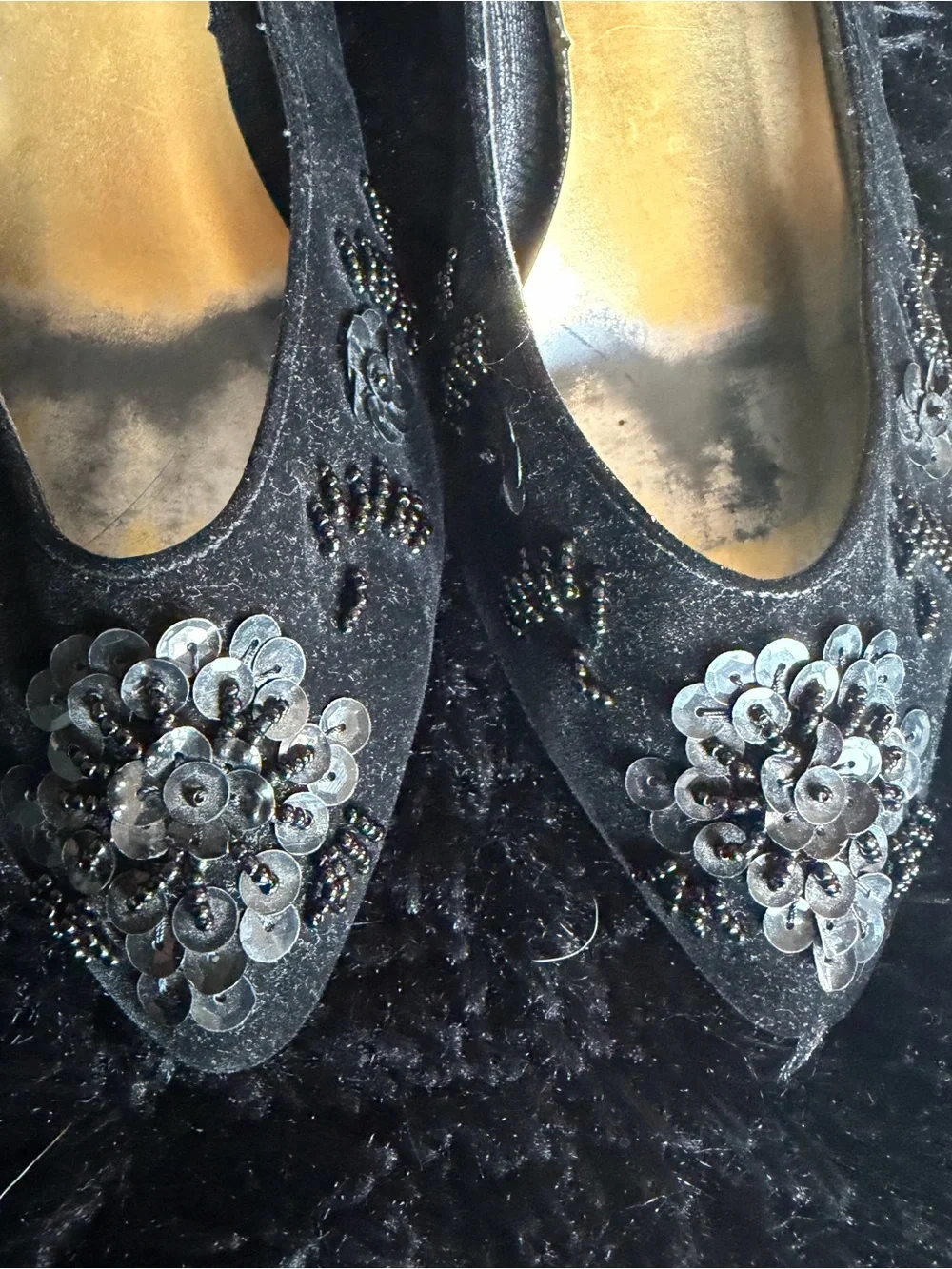Black Pointed Toe Embellished Floral Heels
